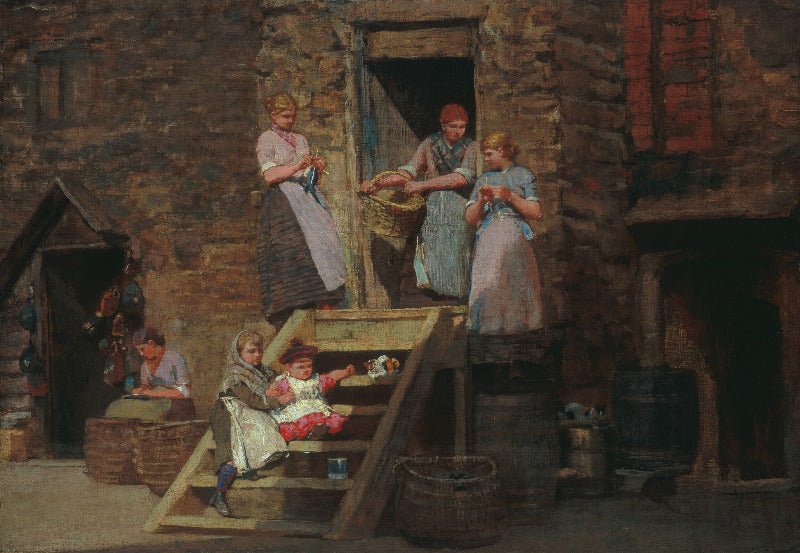 A rustic painting of several women and children gathered around a stone building, standing on wooden steps and baskets near barrels and a doorway.