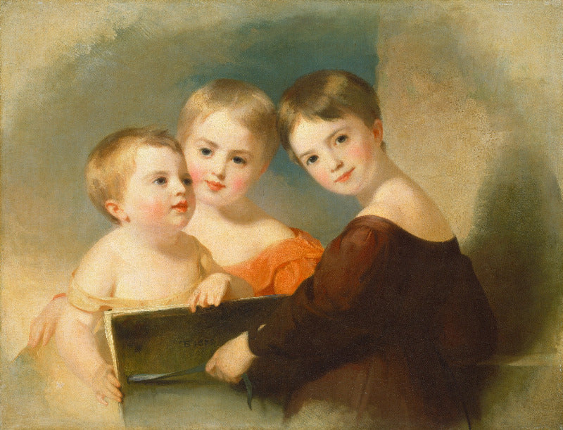 A classical oil painting portrait of three children, likely from the 18th century, featuring a young boy in a dark brown dress holding a book next to two younger children, set against a soft, painterly background.