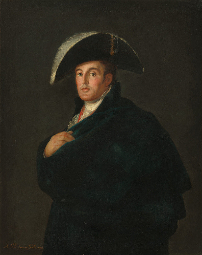 A classical portrait painting of a man in a dark coat and feathered hat against a dark brown background.
