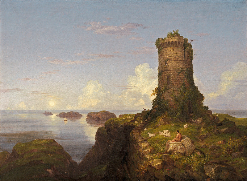 Painting of a tower on a rocky island with a person sitting on a rock, overlooking the ocean.