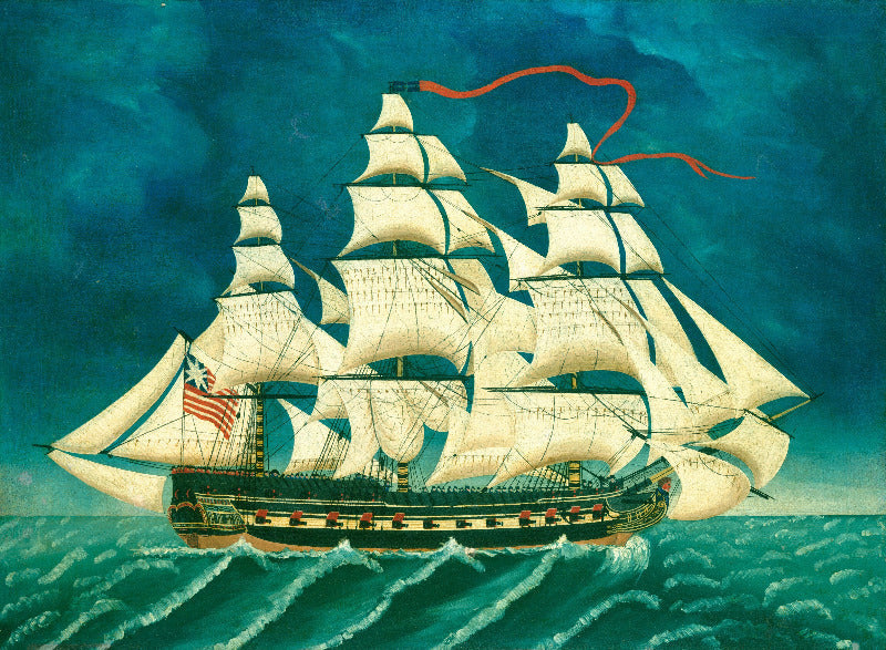 A painted scene of a large historical sailing ship with white sails navigating choppy blue-green ocean waves under a dark teal sky. The ship has multiple masts, white canvas sails, a dark hull, and an American flag near the mast.