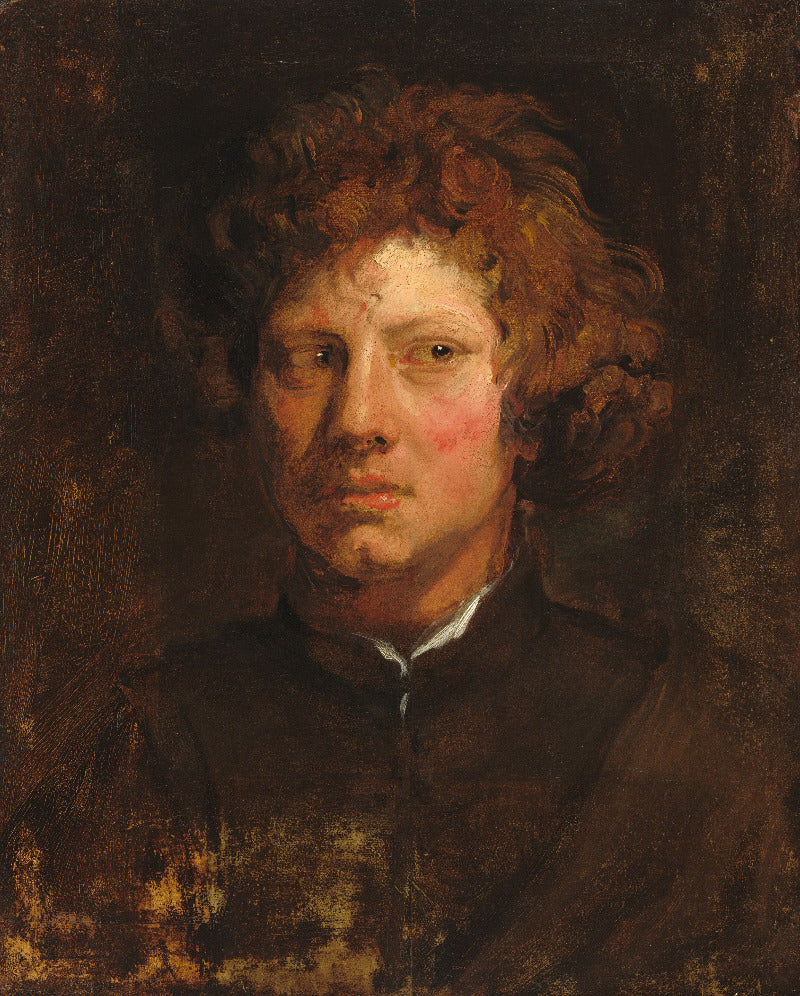 A dark, painterly portrait of a young man with curly reddish-brown hair, pale face, and rosy cheeks, wearing a dark garment against a very dark brown background.
