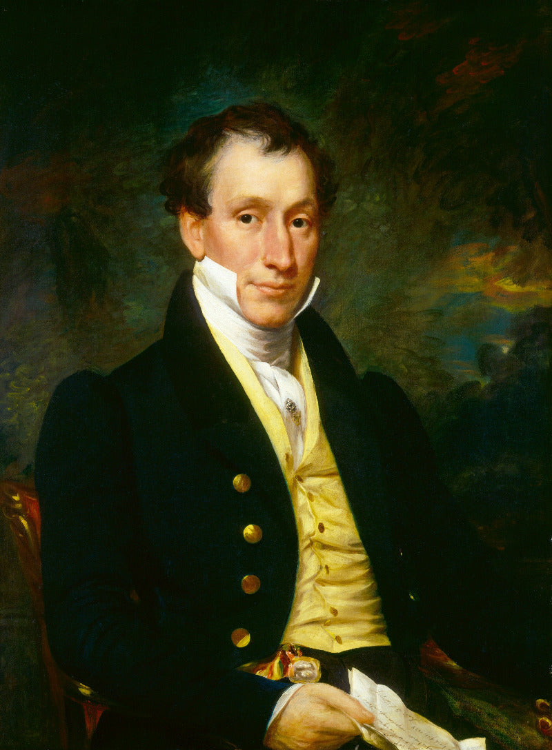 A classical portrait painting of a man in historical formalwear, wearing a dark coat with gold buttons, a pale yellow waistcoat, and a white cravat, seated against a dark painted background.