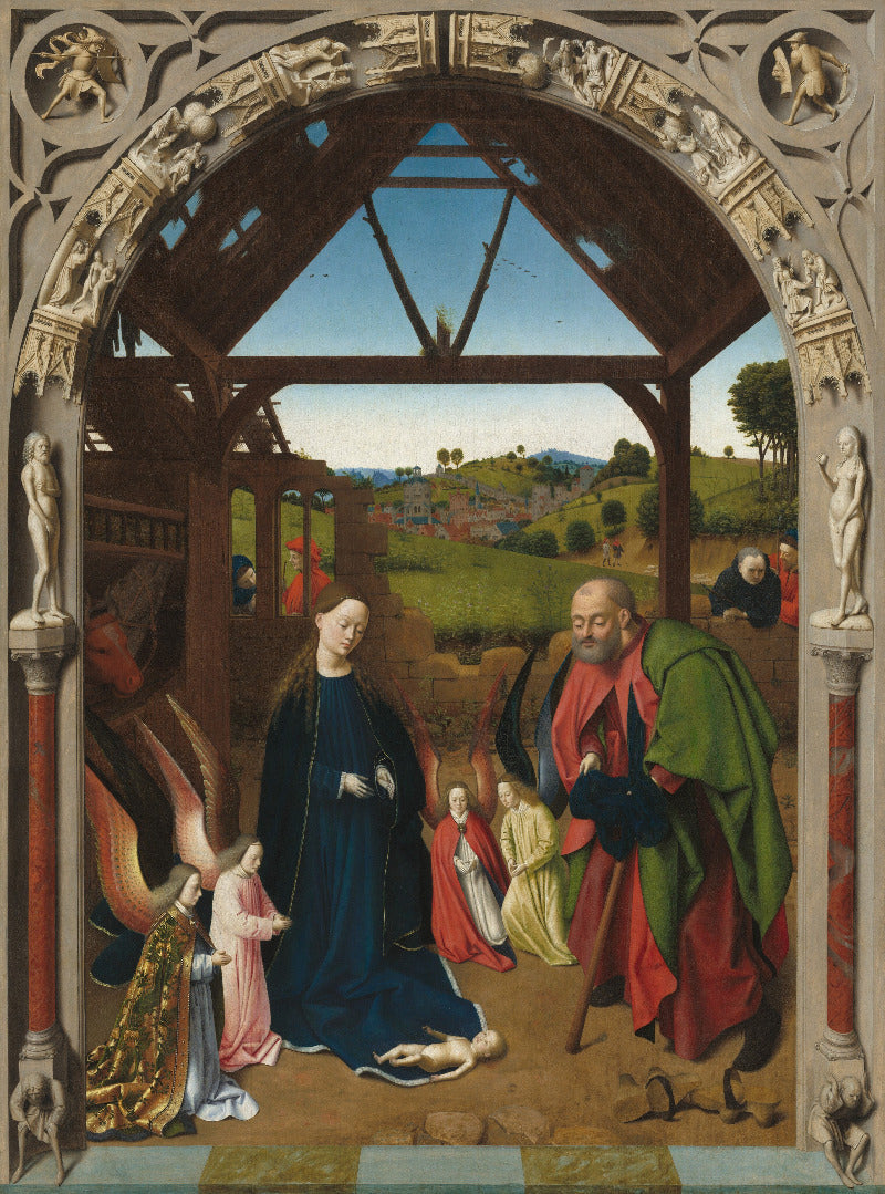 A Renaissance-style religious painting showing the Holy Family under a carved stone archway. Mary wears a dark blue robe, Joseph a red and green cloak, and the infant Jesus lies on a checkered floor.