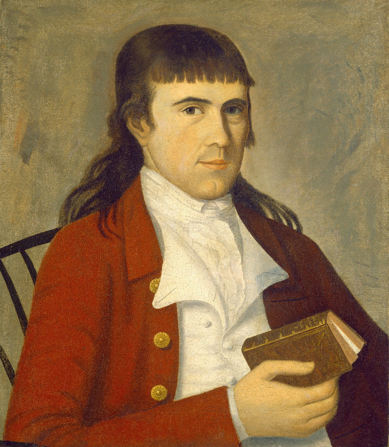 A historical portrait painting of a young man with dark hair wearing a red coat and white cravat, seated and holding a book against a muted gray-brown background.