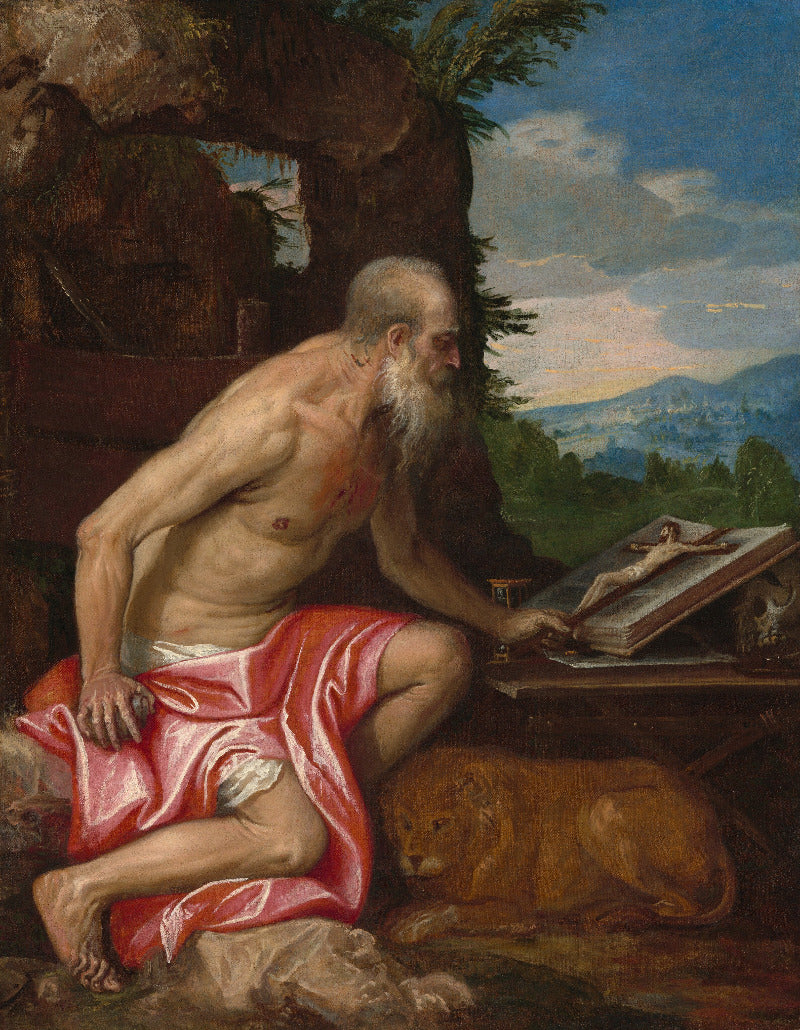 Baroque-style painting depicting an elderly bearded man kneeling beside a table with an open book and crucifix, draped in a vivid red cloth, with a lion at his side and a scenic landscape in the background.