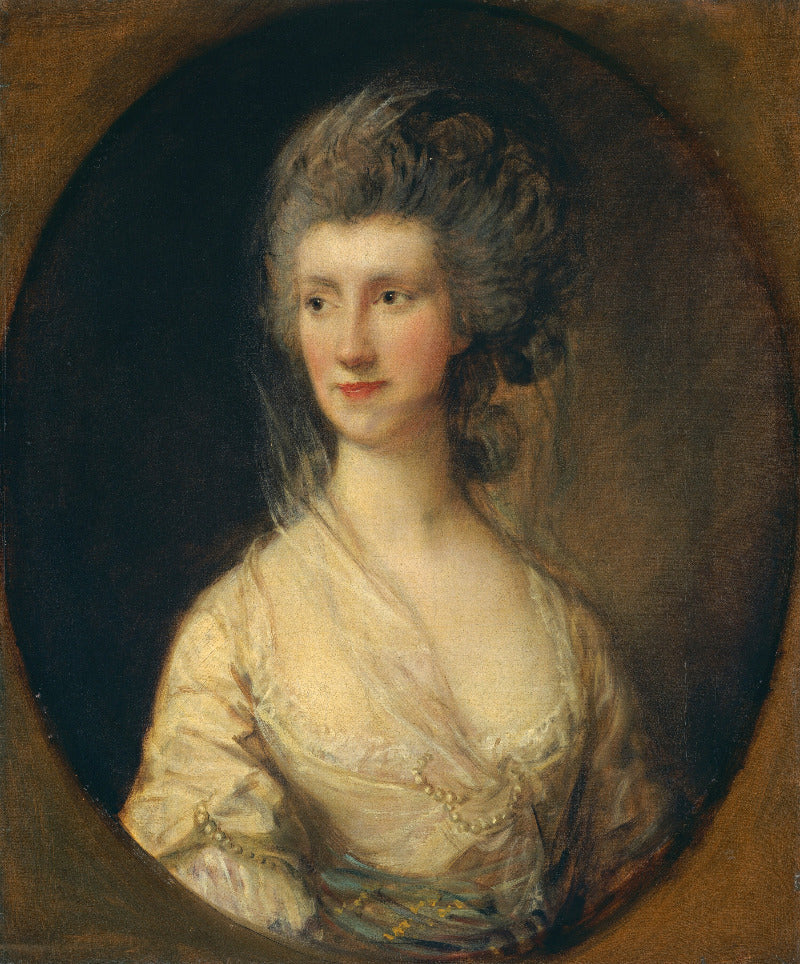 Portrait of a woman in an elegant dress with a feathered hairstyle, set against a dark background.