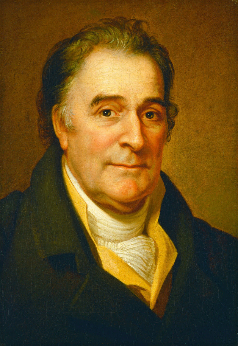 A classical oil painting portrait of an elderly man with gray hair, wearing a dark coat over a white cravat and yellow collar, set against a warm brown background.