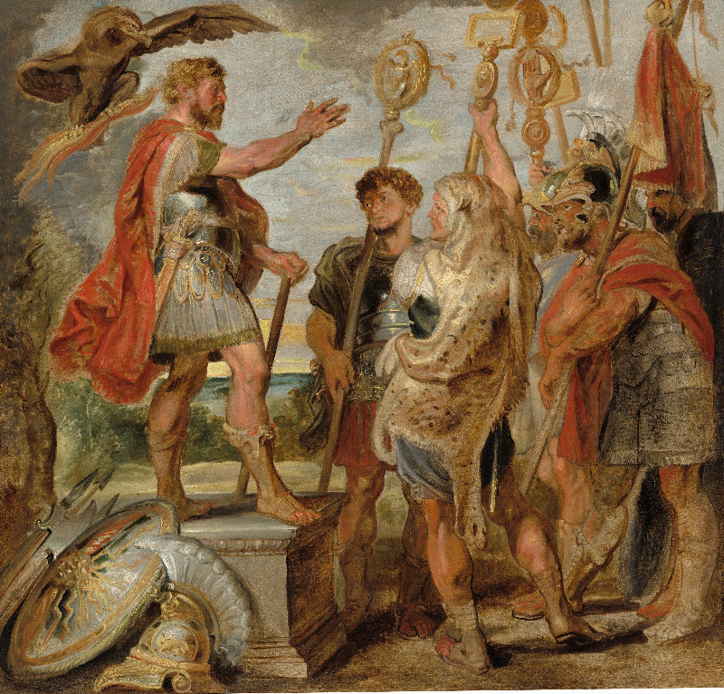 A classical painting depicting a group of ancient warriors and figures in armor, with a central figure in a red cloak gesturing toward another figure, set against a dramatic painted background.