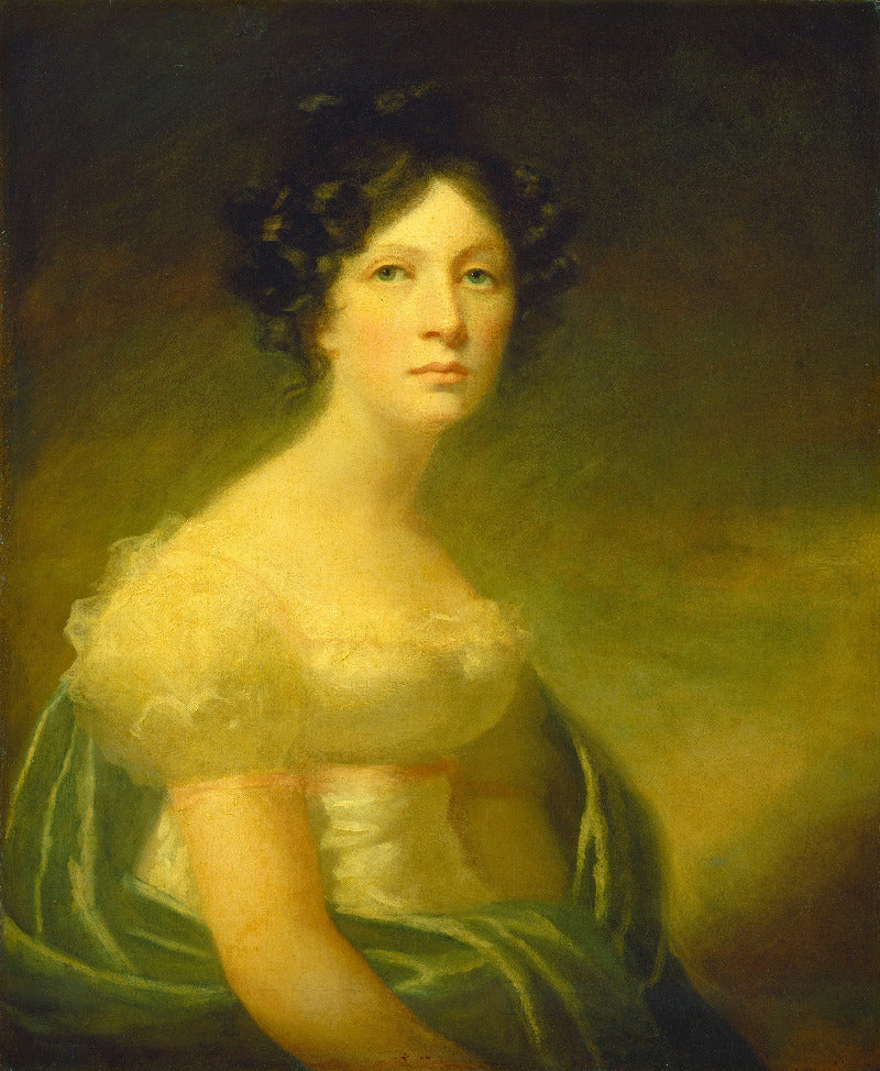 An oil painting portrait of a woman in historical dress, featuring a pale face, dark curly hair, a white ruffled bodice, and a green draped garment against a dark brown and yellow background.