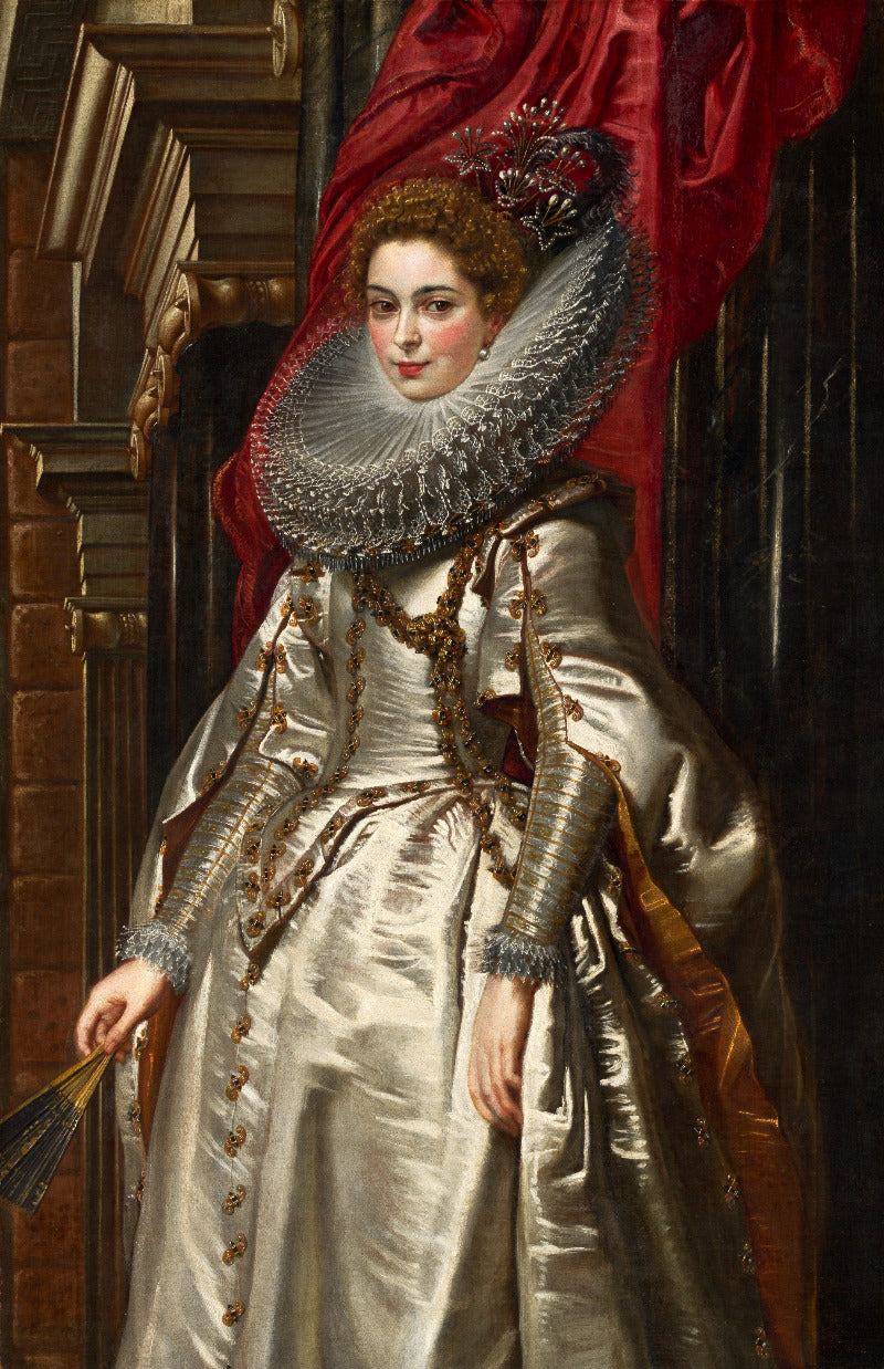 Portrait of a woman in historical attire with a red curtain in the background