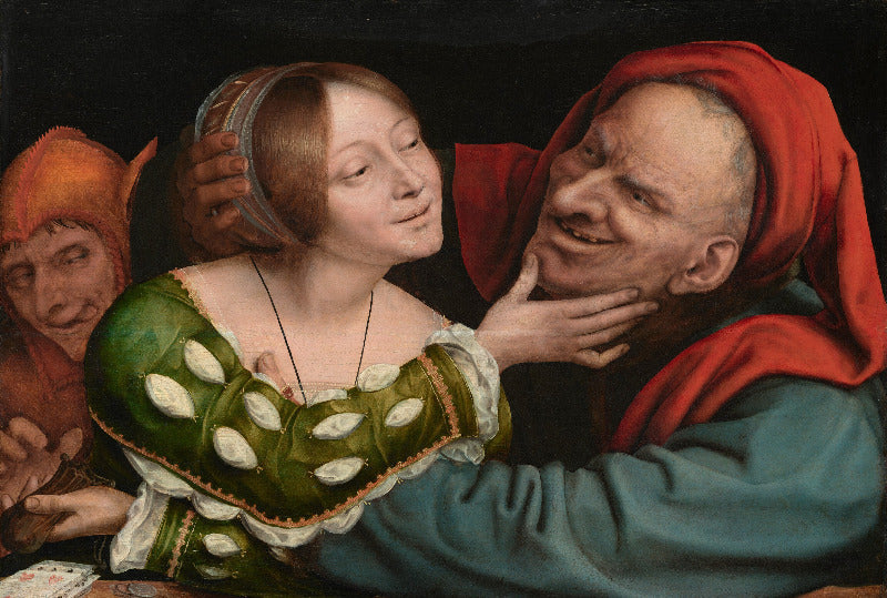 A classical painting depicting a tender, intimate moment between a young woman in a green dress with white leaf-like accents and a smiling older man in a red hood, with another figure partially visible on the left against a dark background.