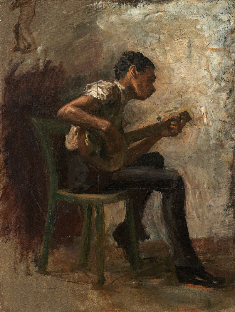 An impressionistic painting of a seated figure playing a stringed instrument, rendered in earthy browns, beige, green, and black tones against a textured painted background.