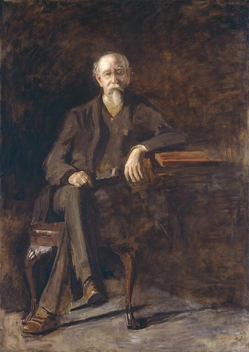 A dark, painterly portrait of an elderly man seated at a table, rendered in brown, black, beige, and muted gray tones.