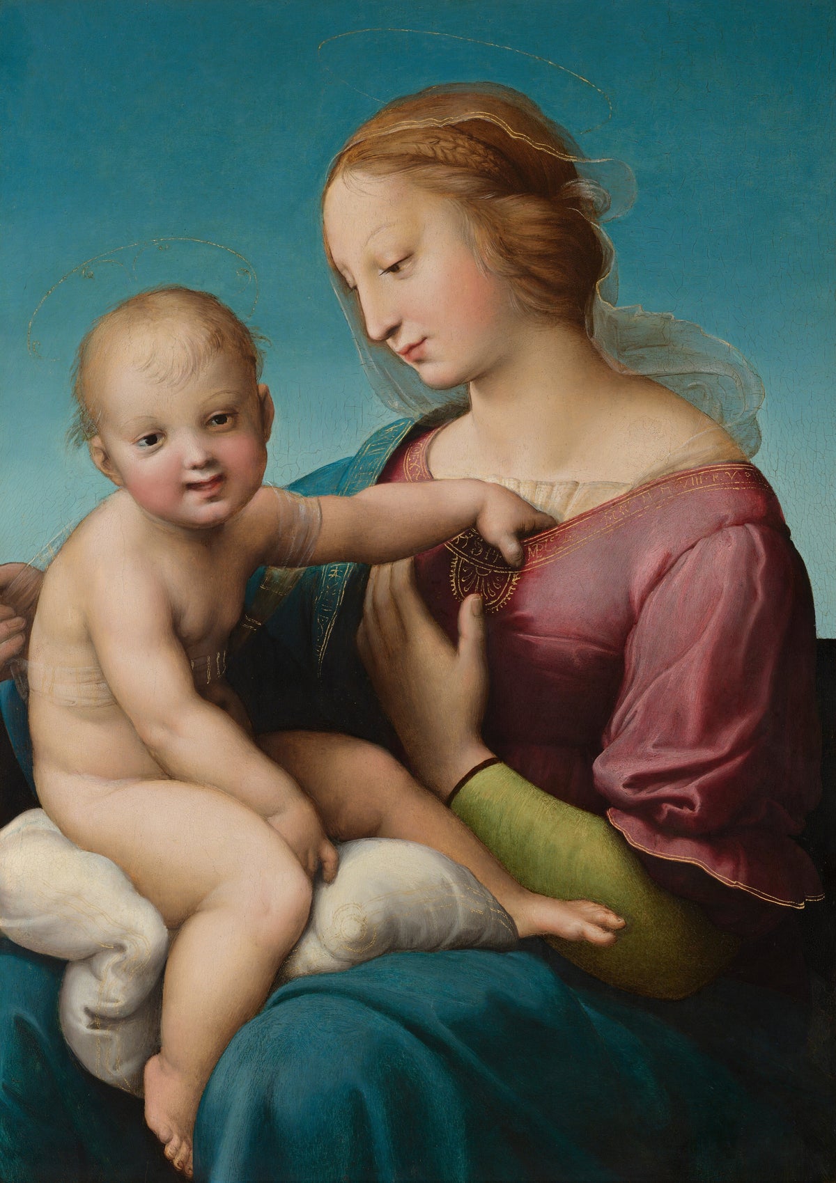 Painting of a woman holding a child against a blue background