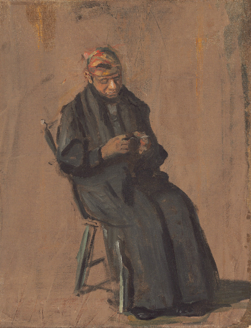 Artistic depiction of a person sitting on a stool, wearing a dark coat and patterned hat.