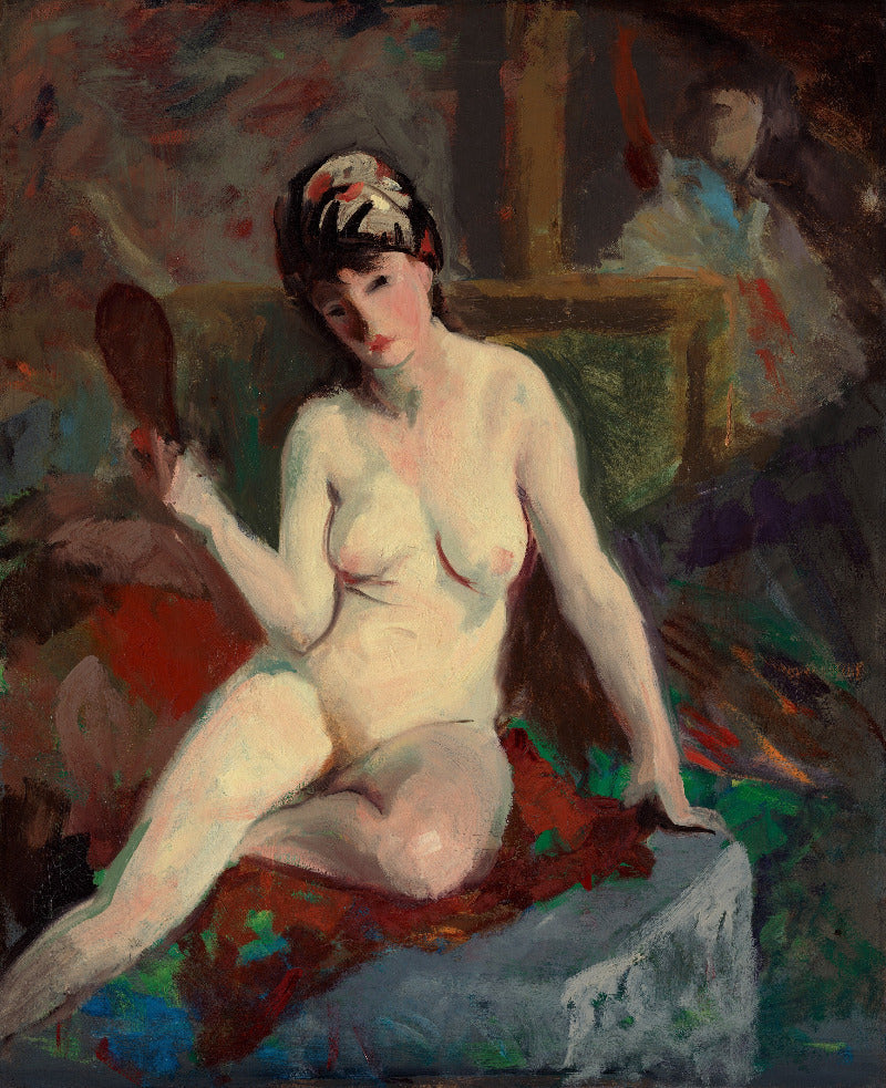 An impressionist-style painting of a seated nude woman holding a mirror, rendered in soft brushstrokes with pale skin tones, dark hair, and a red and blue draped cloth against a dark painterly background.