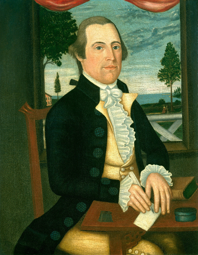 A historical portrait painting of a man in a 18th-century black coat with a white ruffled cravat and yellow waistcoat, seated at a table with a window showing a landscape view behind him.