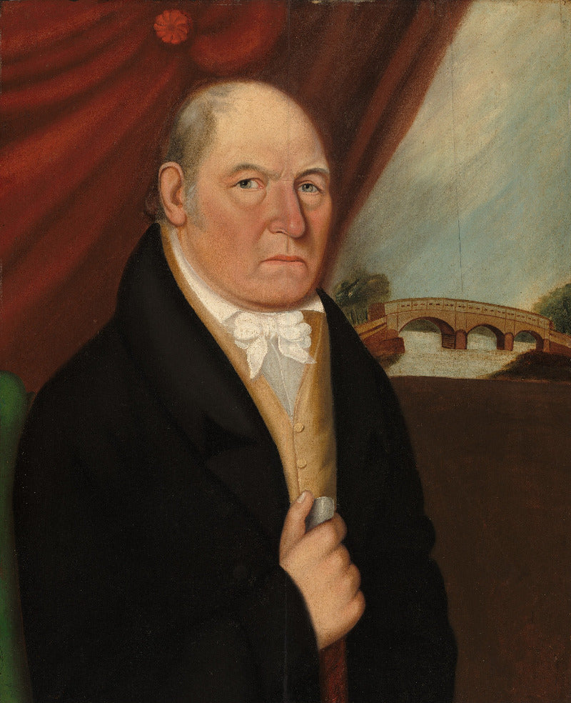 A classical oil painting portrait of an elderly man with receding hair, wearing a black coat, white bow tie, and gold waistcoat. He is set against a background featuring a red curtain on the left and a landscape with a stone bridge on the right.