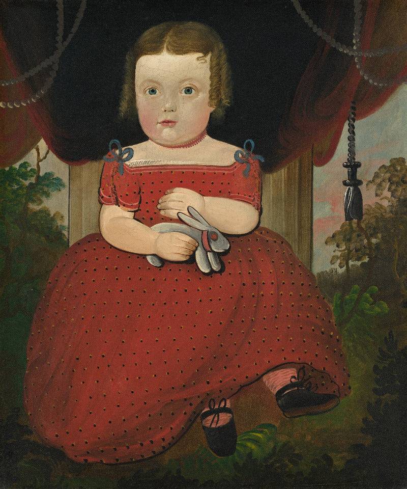 A classical oil painting portrait of a young child seated in front of dark red curtains, wearing a red dress with small dark polka dots and holding a gray stuffed rabbit.