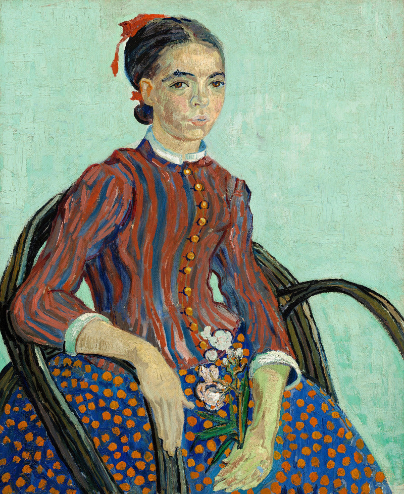 Painting of a woman in a striped dress holding flowers, with a light blue background