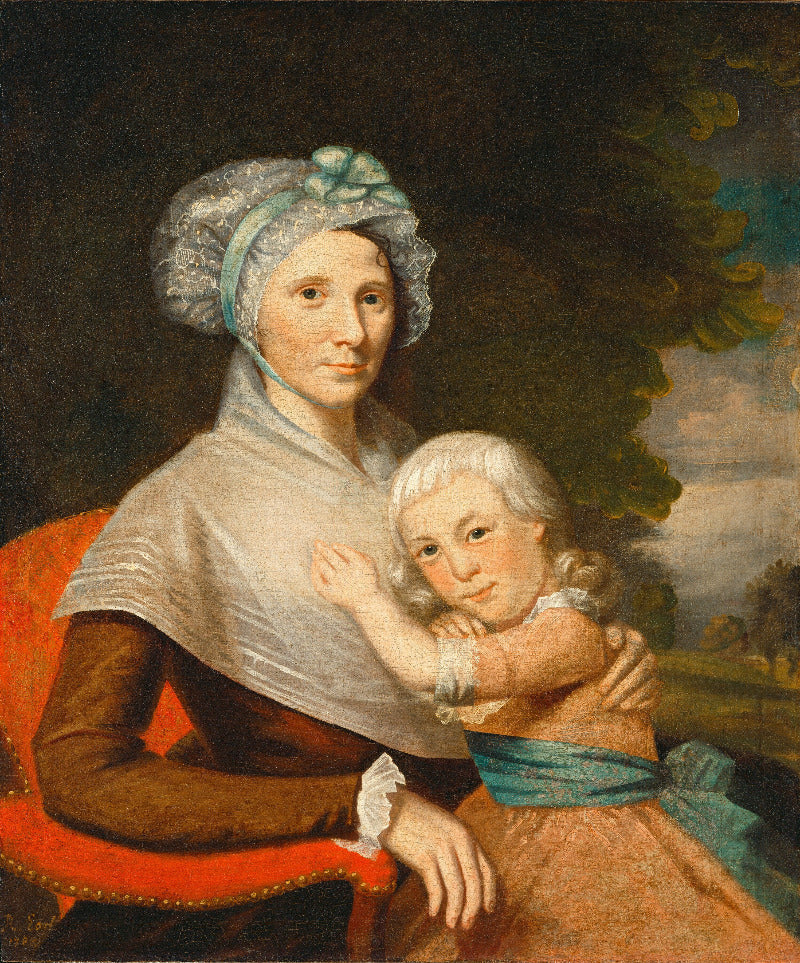 A classical oil painting portrait of a woman in a white shawl and blue bonnet embracing a young child in a pink dress with a blue sash, set against a dark outdoor landscape background.