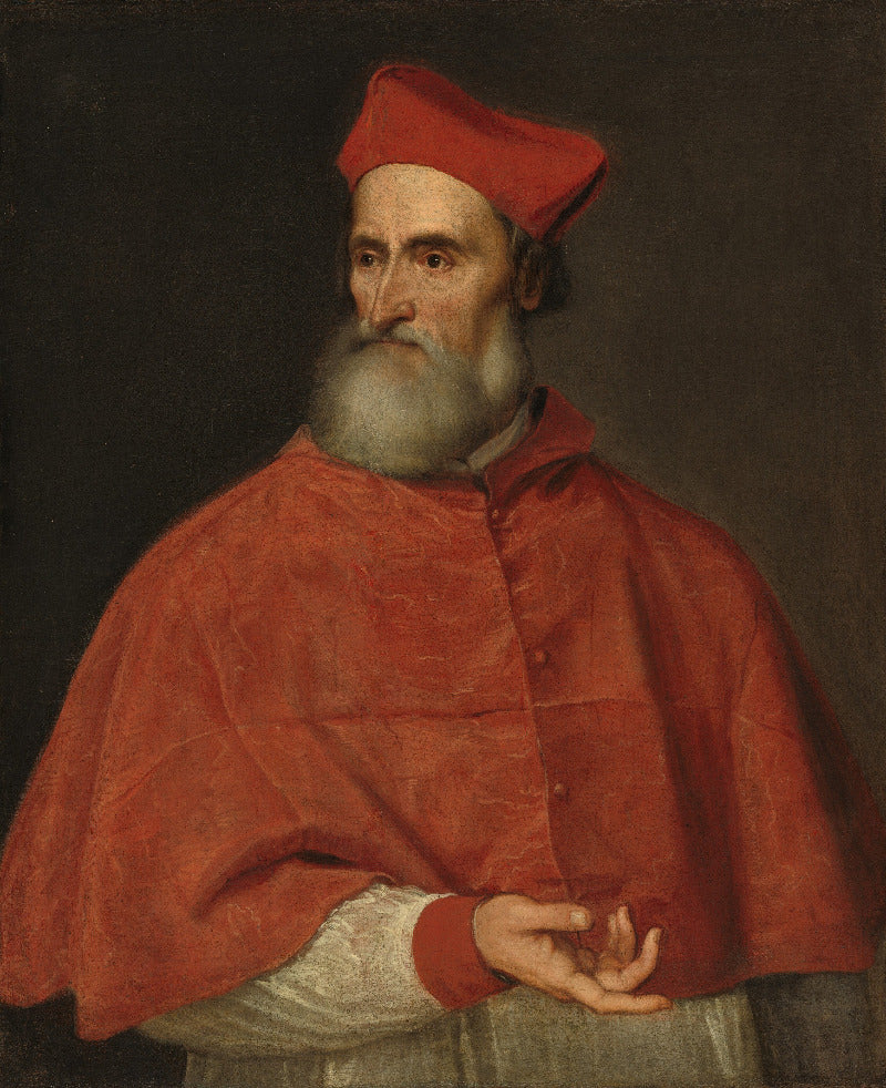A painted portrait of a bearded man wearing a red cap and a red robe against a dark brown background.