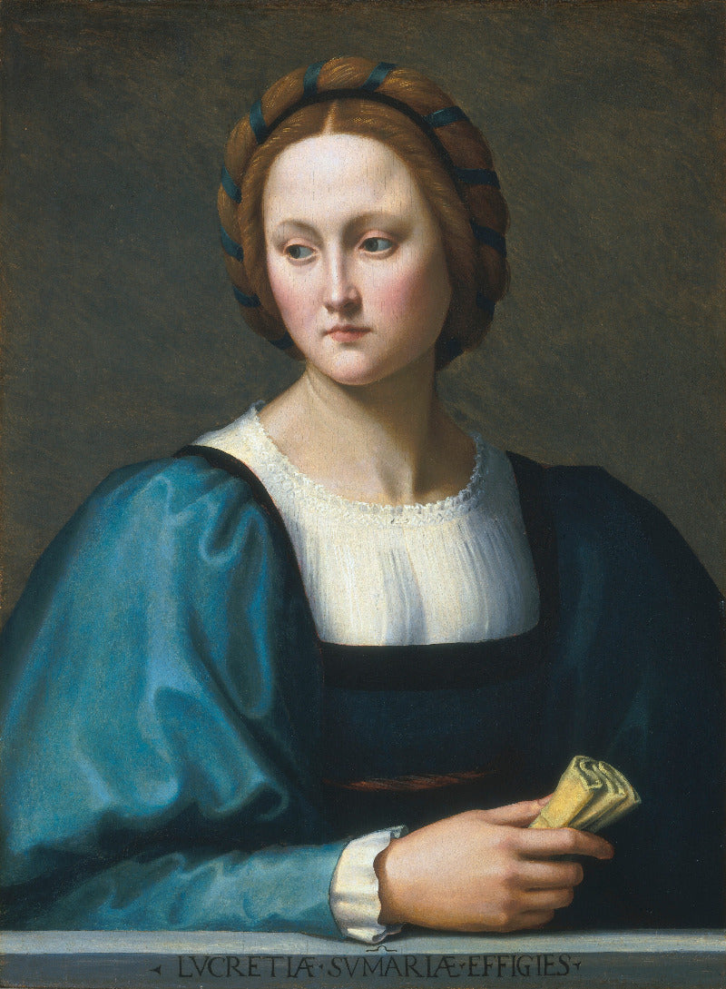 A classical portrait painting of a young woman with reddish-brown hair in a blue headband, wearing a white ruffled collar and a dark blue dress with a teal-blue sleeve, holding a rolled scroll. The background is a dark brown textured backdrop, with the inscription 'LUCRETIA SV MARIA EFFIGIES' at the bottom.