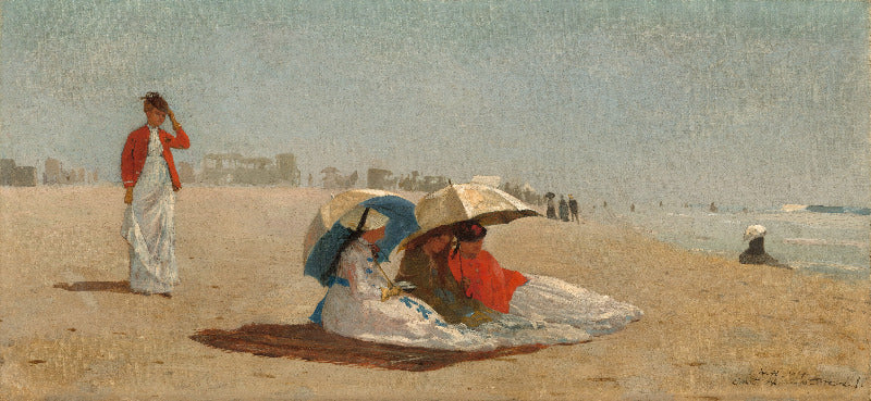 An impressionist beach painting showing several women on the sand under umbrellas, with a woman standing at left in a red and white dress and a calm sea under a pale sky.