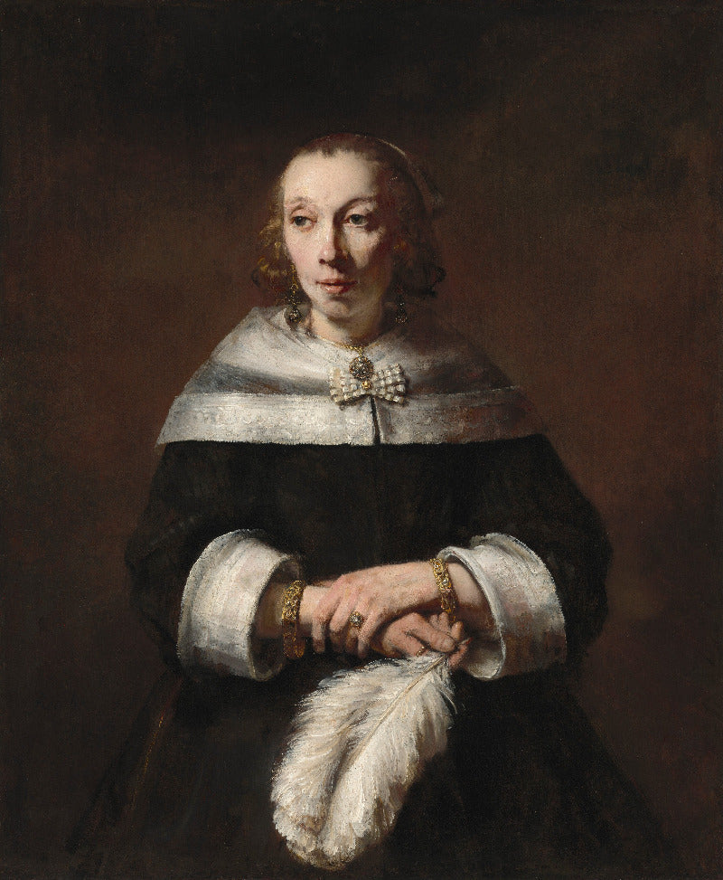 A classical oil painting portrait of a woman in a dark dress with a wide white collar and a feather held in her hands, set against a dark brown background.
