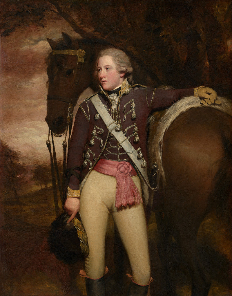 A classical portrait painting of a man in historical military attire leaning against a horse, with a dark forest-like background.