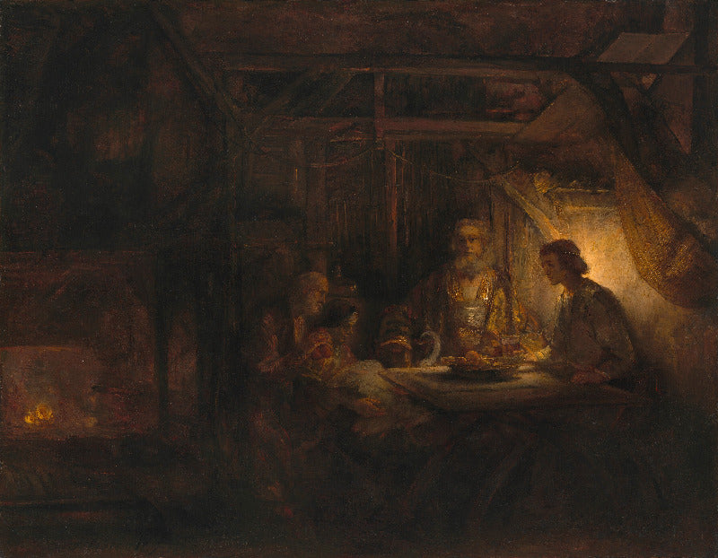 A dark, moody painting of three people seated around a table in a dimly lit rustic interior, with warm light from a fire or lamp on the right and heavy shadows across the room.