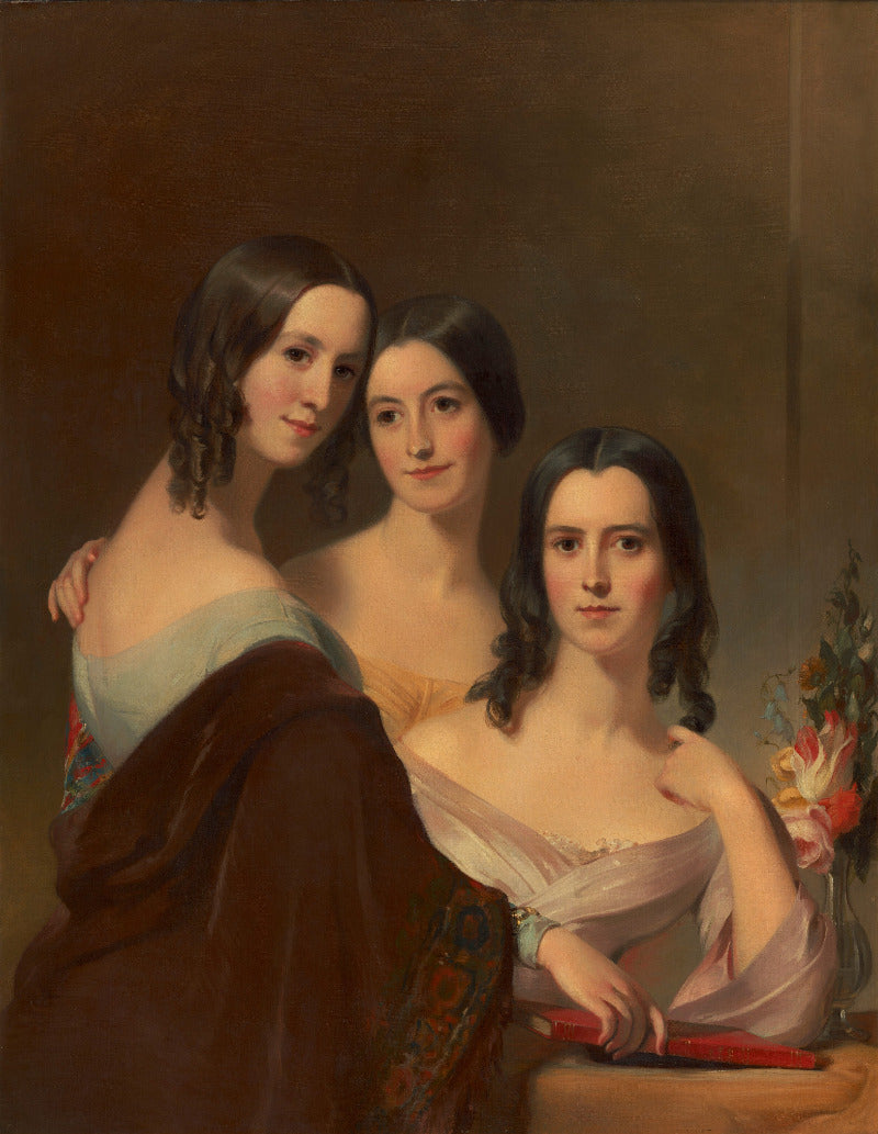 A classical oil painting portrait of three young women posed together against a dark brown background, with soft warm lighting and muted pastel and earthy tones.