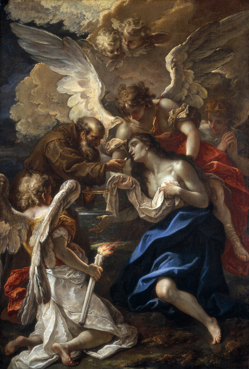 Baroque-style religious painting depicting angels and a woman in a deep blue robe, with dramatic clouds and warm golden light across the scene.
