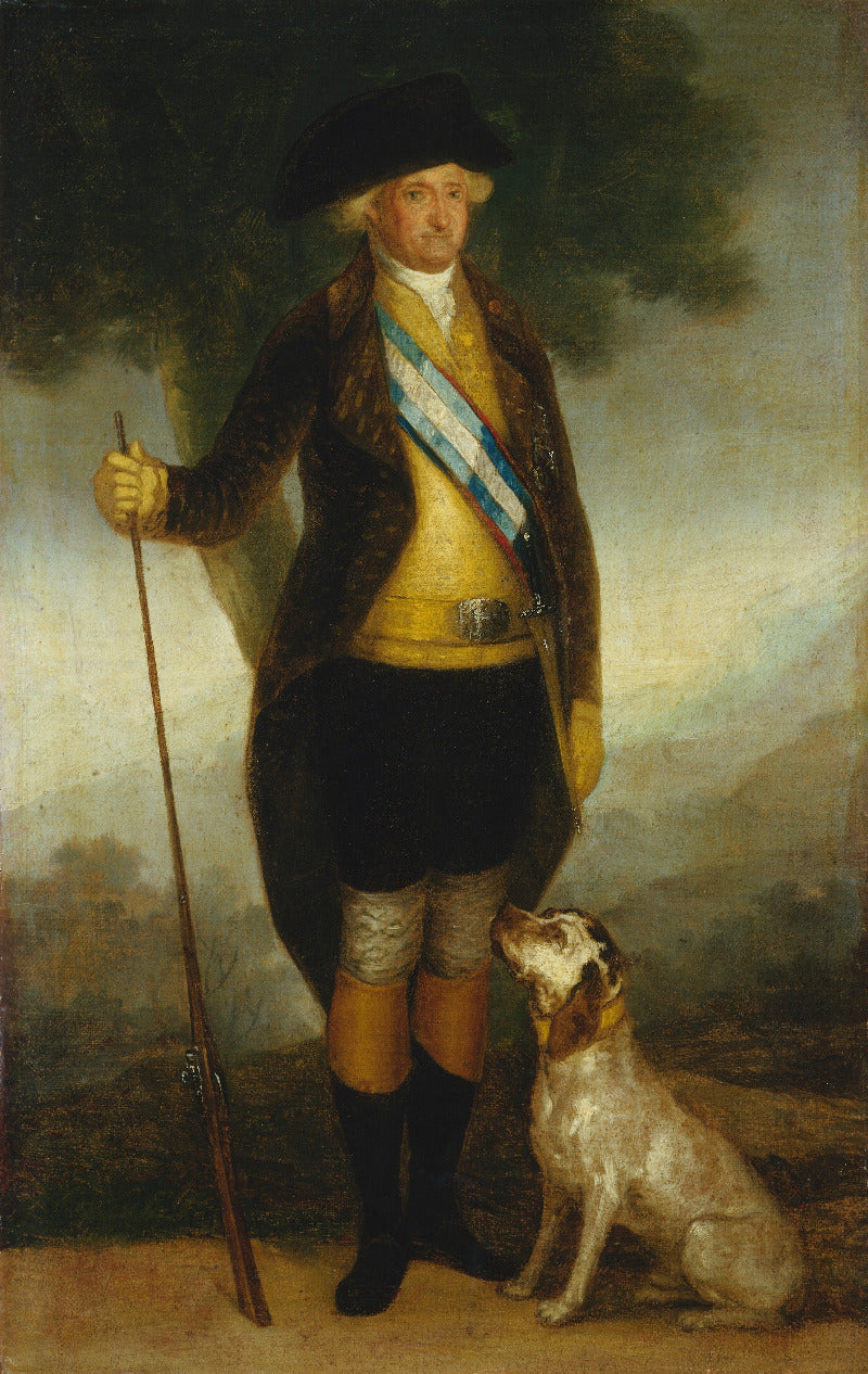 Portrait of a man in historical attire with a dog, set against a natural landscape.