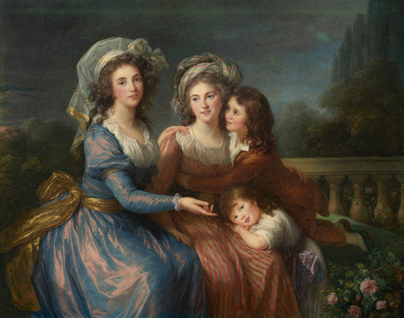 A classical oil painting depicting three women and a young child seated together in an outdoor garden setting, with one woman in a blue gown extending her hand toward the child. The scene has a painterly, historical style with soft focus and muted colors.