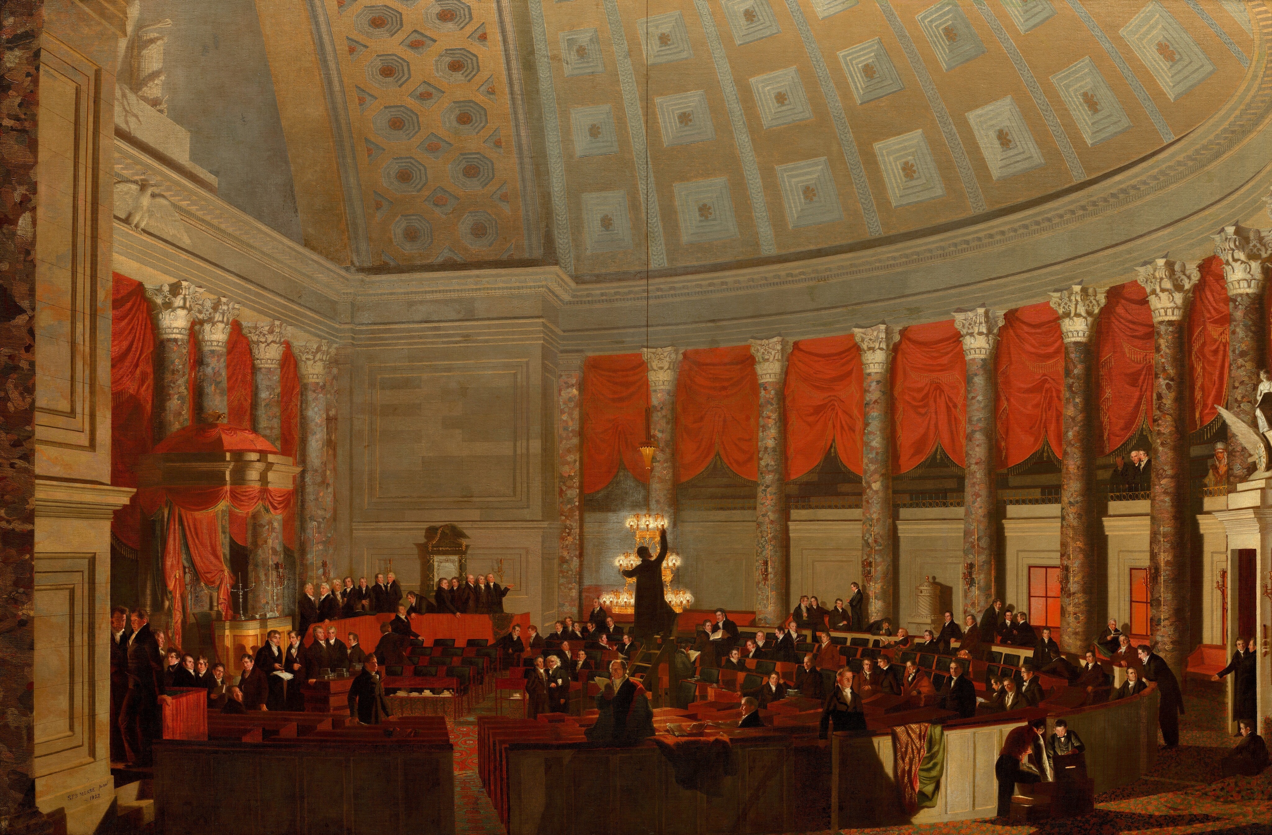 A classical painting depicting a grand interior hall with a domed ceiling, red drapery, columns, and numerous people gathered around tables and a central figure standing at a podium.
