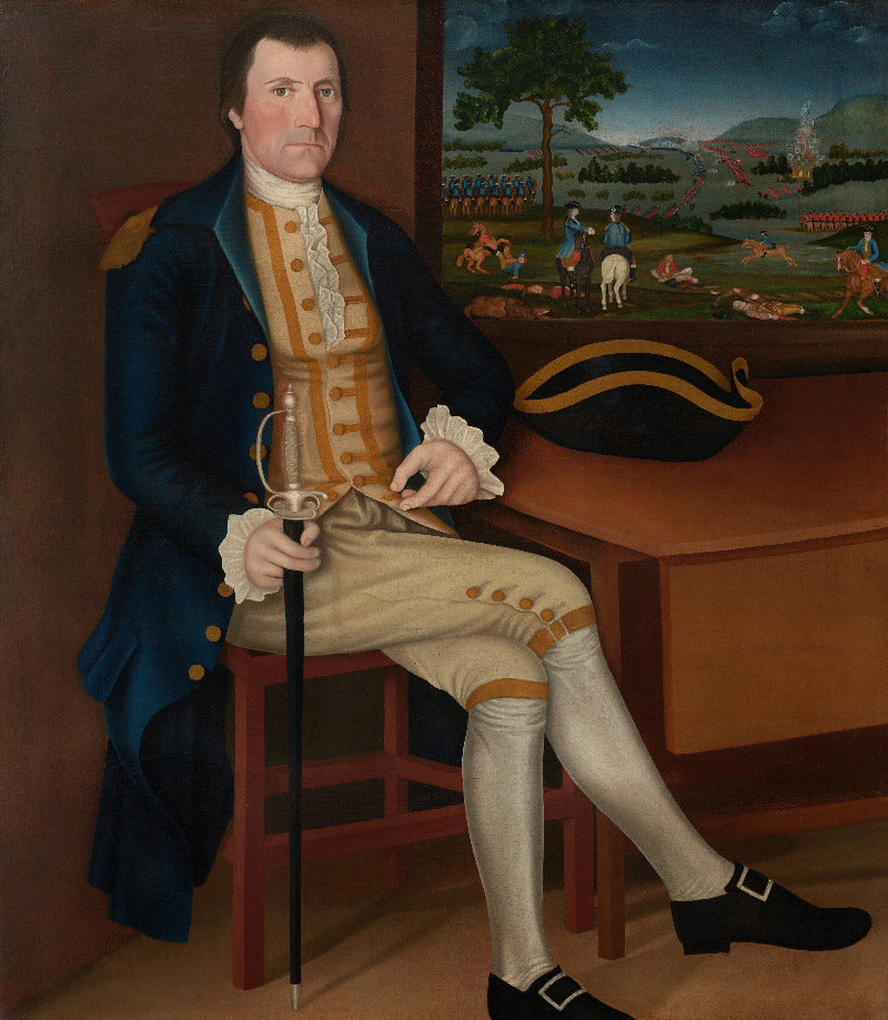 A historical portrait painting of a man in a blue military coat and beige breeches, seated indoors beside a desk with a black hat and a landscape painting in the background.