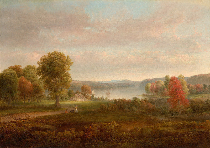 An oil landscape painting depicting a scenic view of a lake or river with hills, trees in autumn colors, and a cloudy sky. A small figure and horse are visible in the foreground meadow.