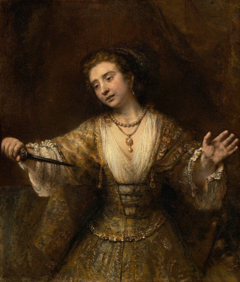Painting of a woman holding a knife against a dark background