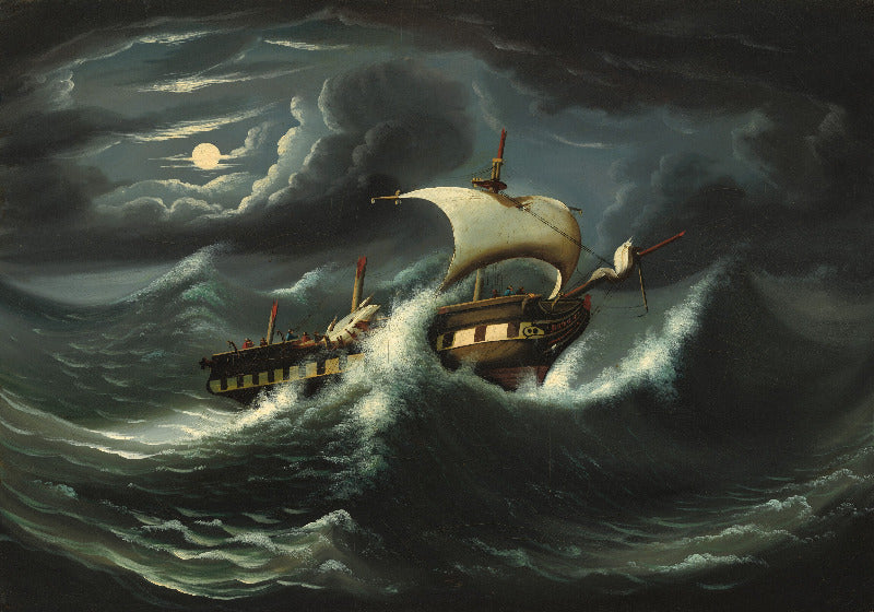 Two ships navigating through tumultuous ocean waves under a moonlit sky.