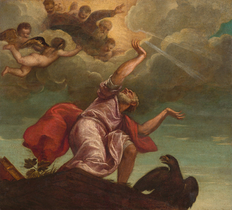 A classical religious painting showing a robed figure reaching upward toward clouds and angels, with a red cloak, dark ground, and a bird in the foreground.
