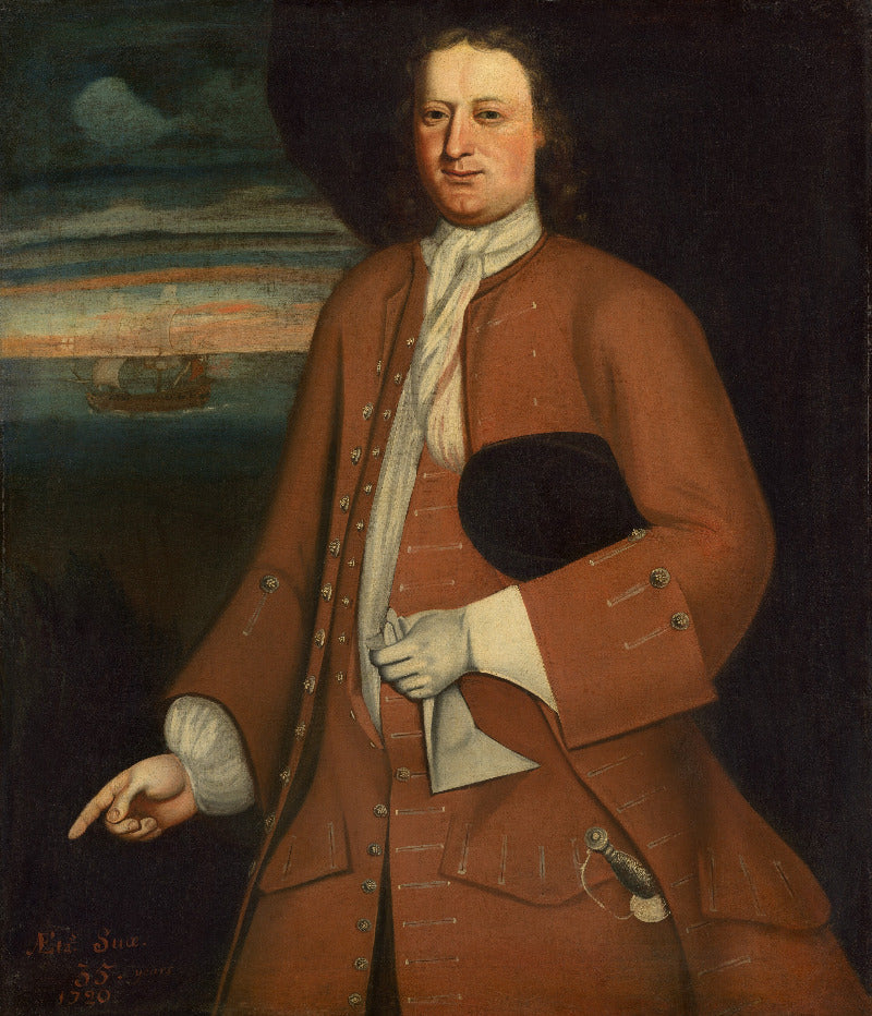 A historical oil painting portrait of a man in 18th-century attire, wearing a reddish-brown coat, white cravat, and white gloves, holding a black hat, set against a dark background with a faint ship in the distance.