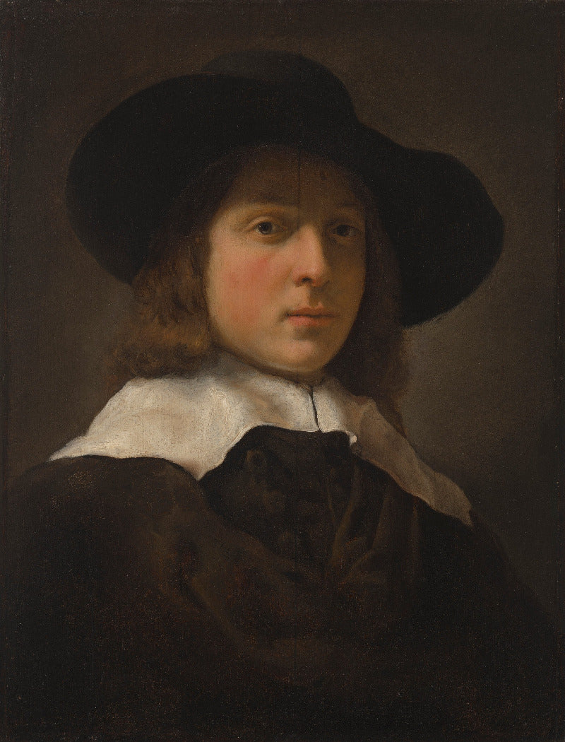 A classic portrait painting of a young man wearing a wide-brimmed black hat, a white ruffled collar, and a dark brown coat against a dark brown background.