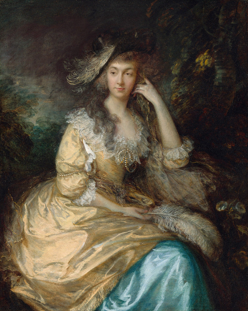 A classical portrait painting of a woman in an ornate pale gold dress with white ruffles and a turquoise blue skirt, seated against a dark painterly background.
