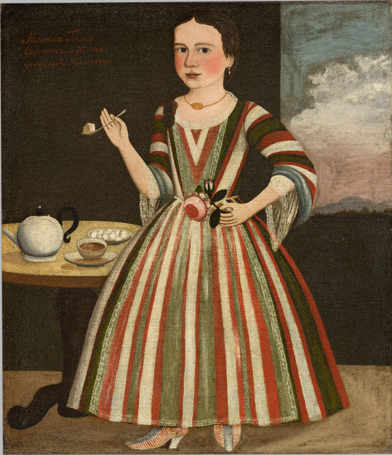 A painted portrait of a woman in a long dress with vertical red, green, and cream stripes, holding a spoon and a flower, seated beside a table with a teapot and cup against a dark interior background.