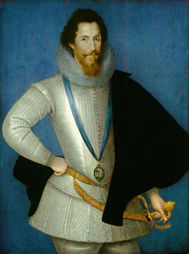 A historical portrait painting of a bearded man in Renaissance-style clothing, wearing a silver-gray doublet, black cloak, and blue ruff collar against a textured blue background.