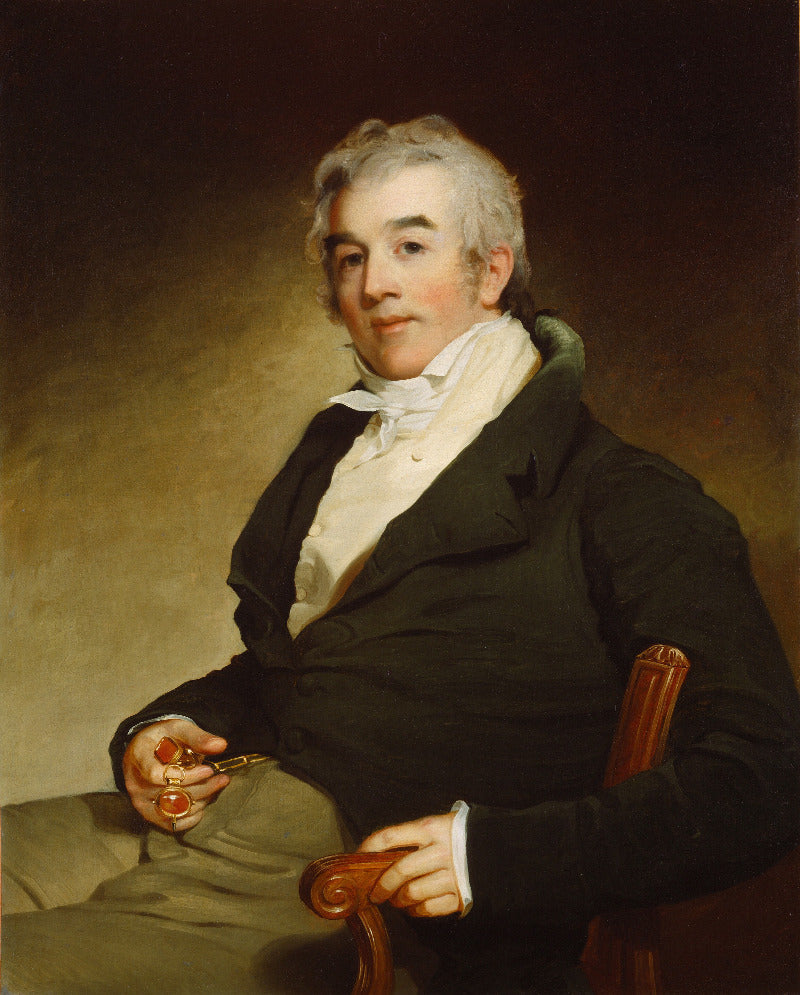 A classical oil portrait of a man in 18th-century formalwear, seated in a wooden chair against a dark brown and gold background. He wears a black coat, white cravat, and light trousers, holding a pipe.