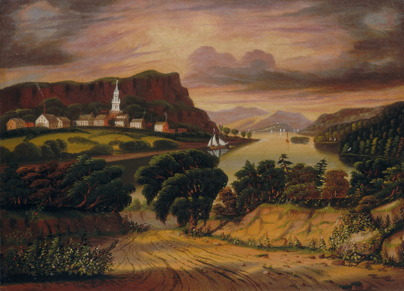 A landscape painting depicting a coastal village with a church steeple, a river or inlet with sailboats, rocky cliffs, and a dramatic cloudy sky in warm earthy tones.