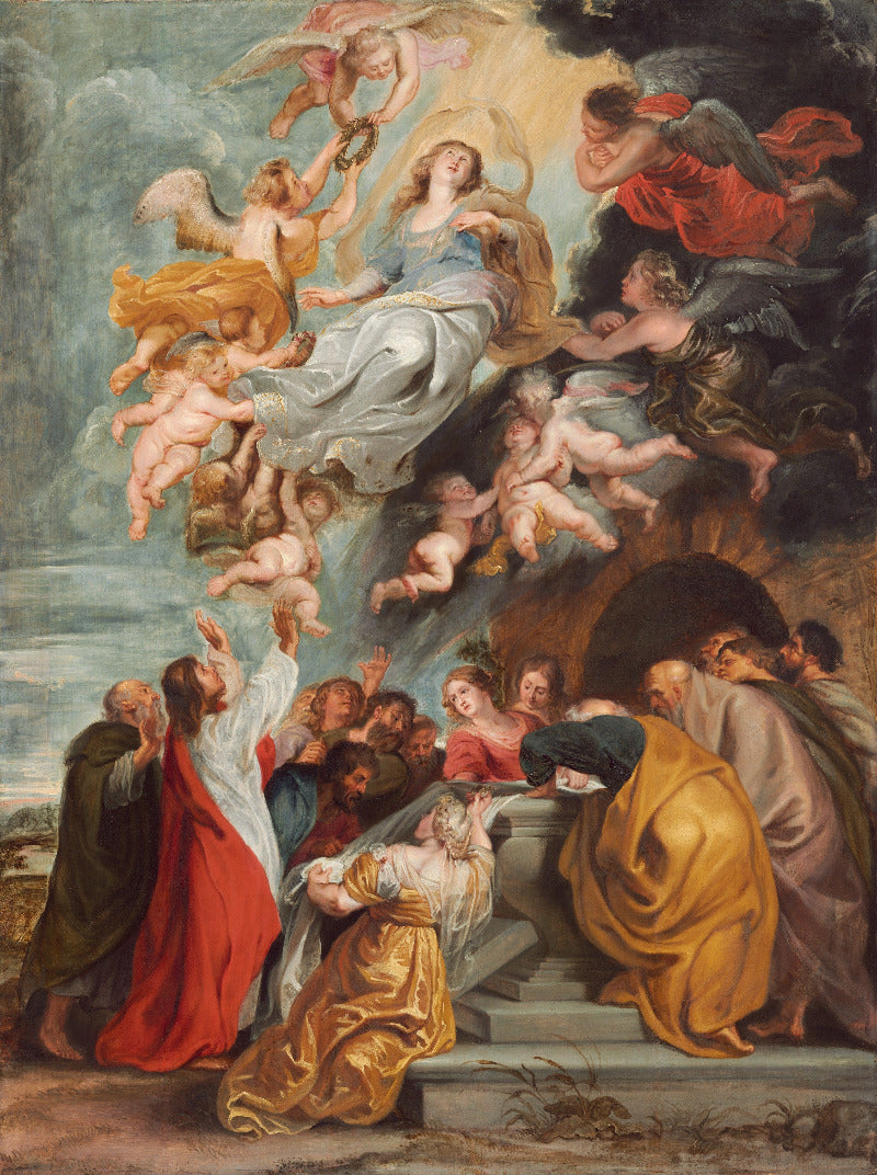 Baroque painting of a religious scene with figures and cherubs
